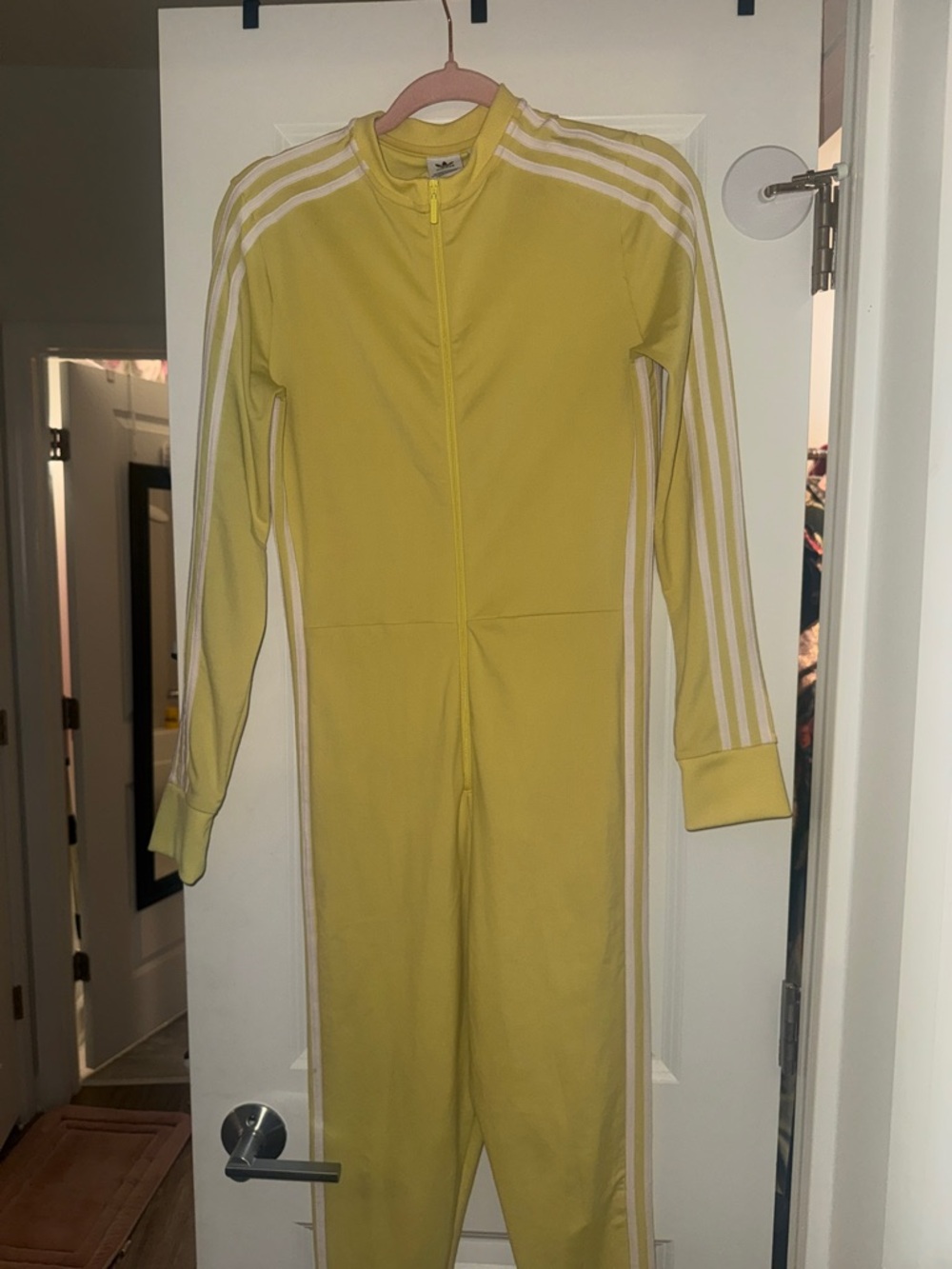 adidas Yellow women One-Piece Zip Jumpsuit with White Stripes